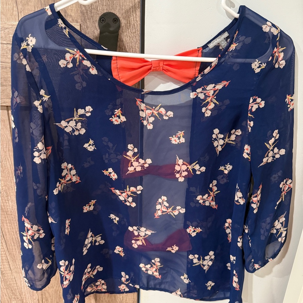 Charlotte Russe Navy Floral Sheer Blouse with Coral Bows and Open Back
